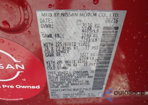 2016 Nissan Rogue Sl from USA, damaged, VIN 5N1AT2MTXGC867762